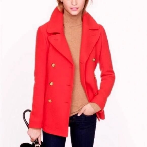 J. Crew Stadium Cloth Peacoat Women 6 Orange Italian Double Breast Gold Buttons - Picture 1 of 8